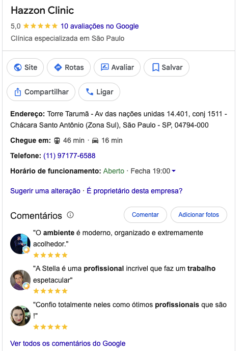 Ficha da Hazzon Clinic no Google com nota 5,0
